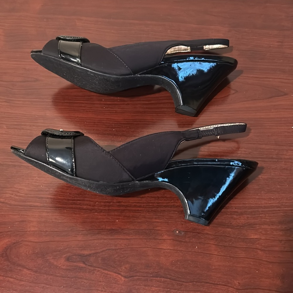 NEW Open-toe Slingbacks! Fabric and Patent-Look Heel & Buckle